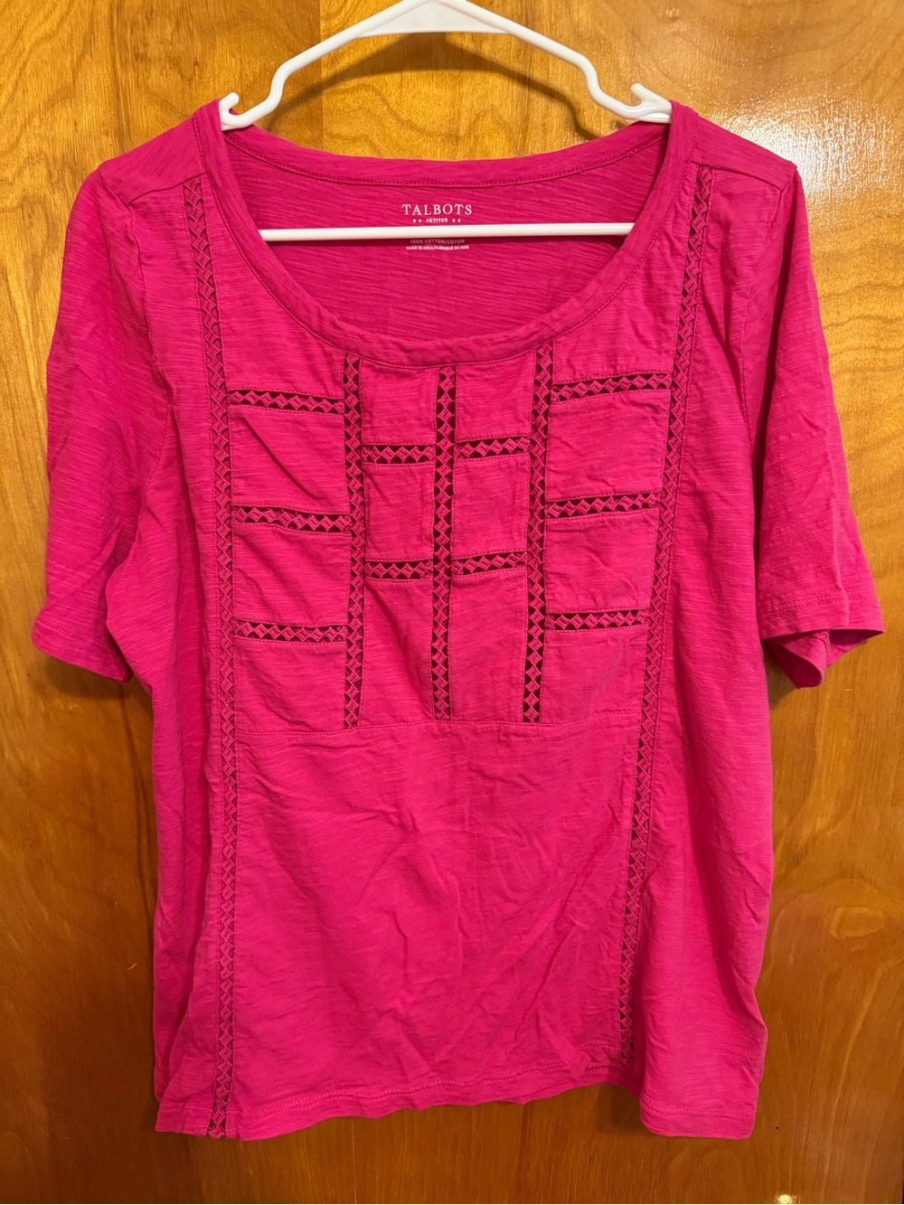 Talbots Women's Bright Fuchsia Crochet-Detail Scoop Neck Tee